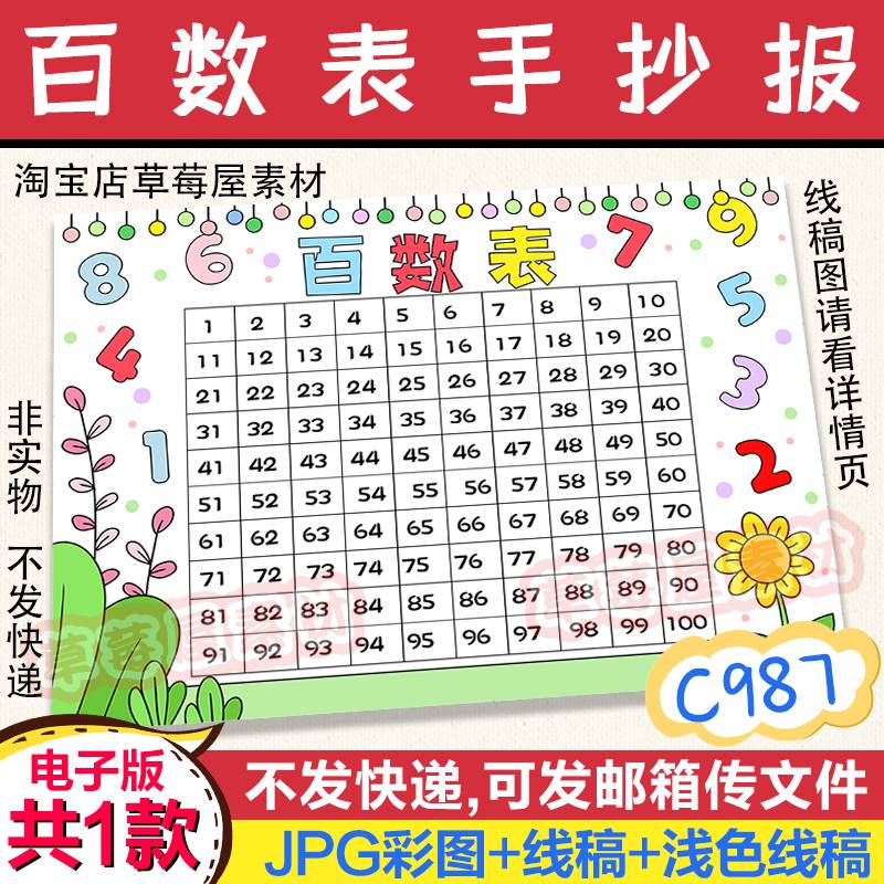 C987百数表数学手抄报1-100数字表小学生黑白涂色线稿电子版小报