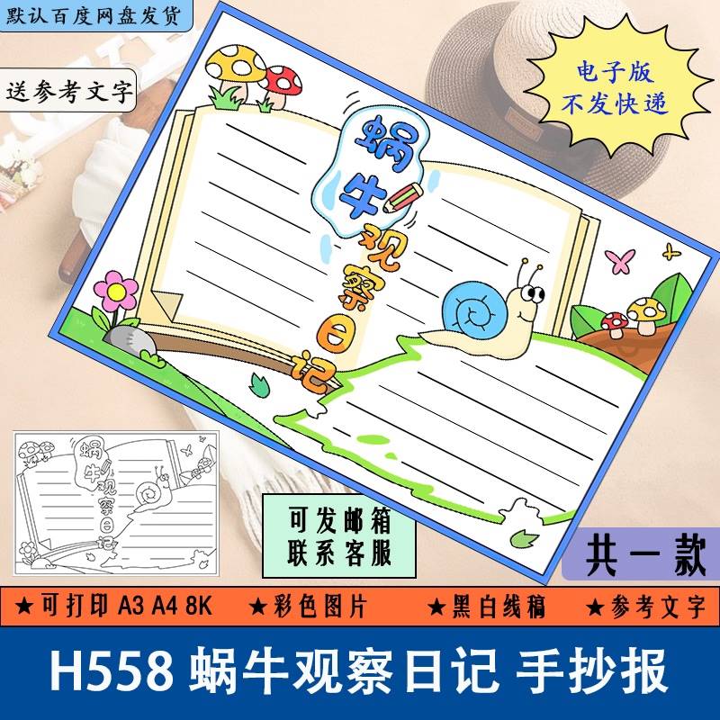 h558蜗牛观察日记手抄报观察昆虫日记黑白线稿涂色电子版a3a48k