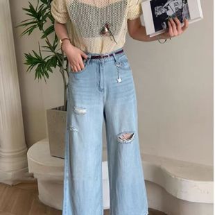 破洞高腰夏季 浅蓝色天丝直筒牛仔裤 女水洗宽松显瘦休闲九分阔腿裤