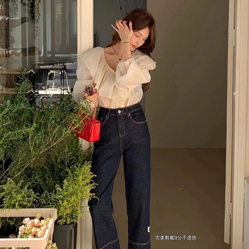 欧制韩版深蓝色复古高腰直筒牛仔裤女春秋宽松显瘦时尚洗水九分裤
