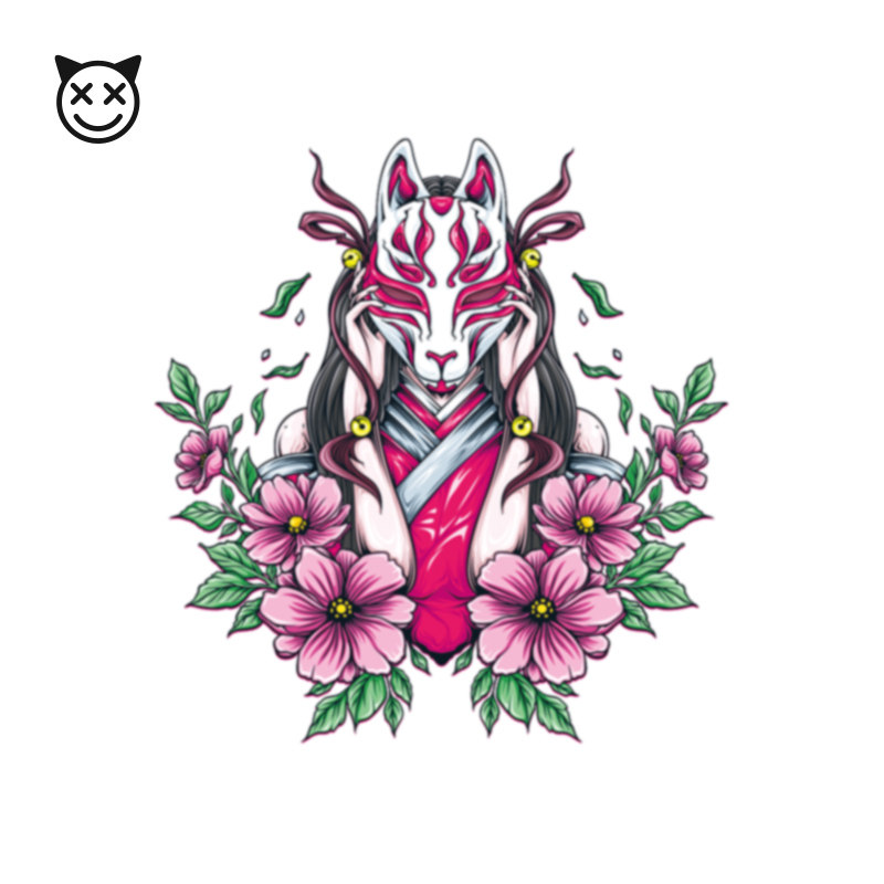 喜纹乐见:浮世绘狐狸面具艺伎花朵彩色日式防水花臂纹身贴