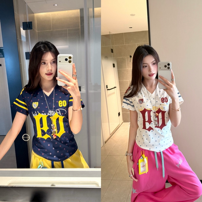 AMER 美式复古波点星星印花V领正肩运动速干修身百搭球衣T恤夏季