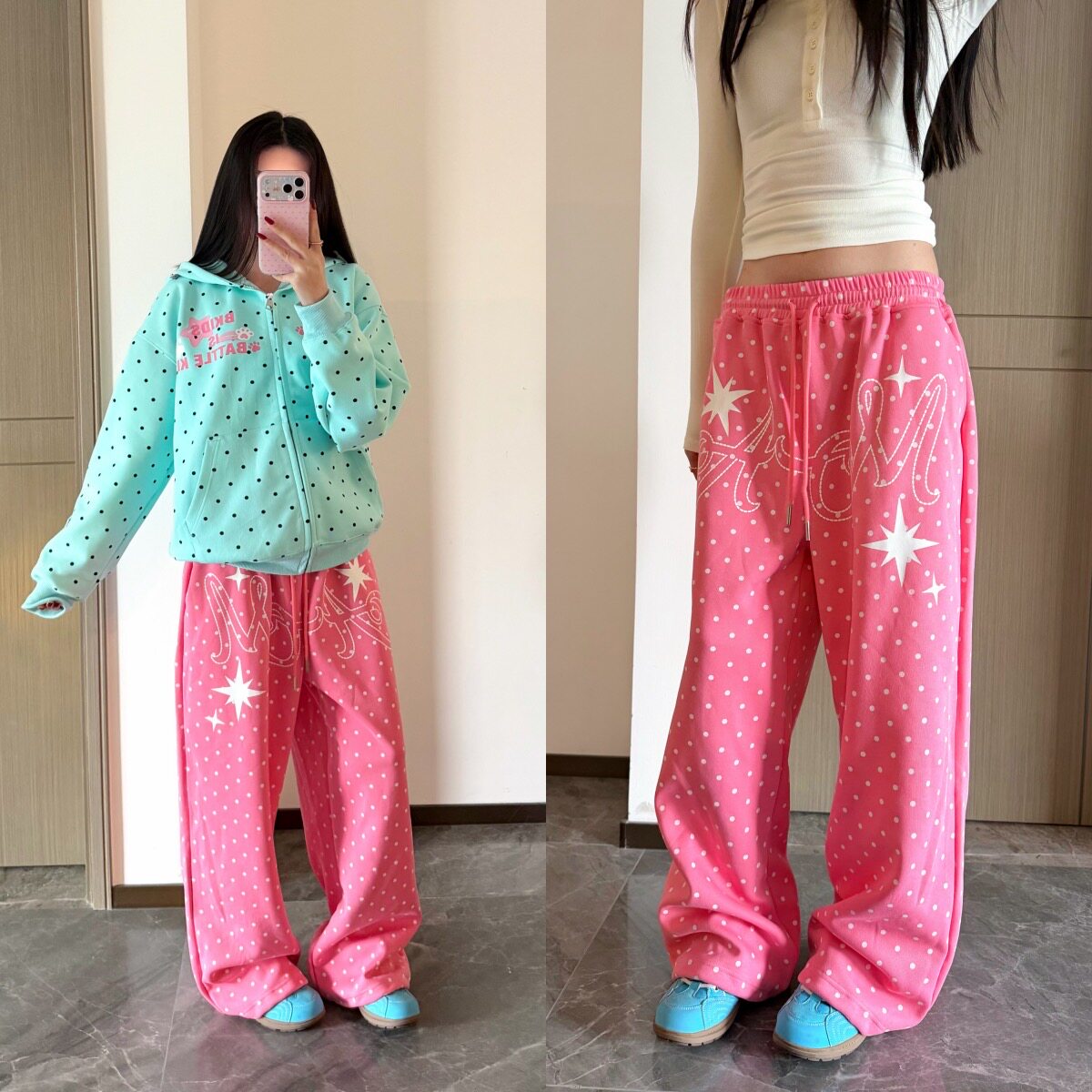 AMER美式复古波点印花三色阔腿休闲卫裤2026新款春季百搭情侣款