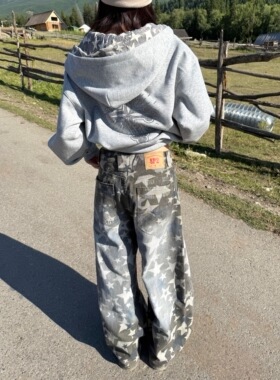 AMER 国潮美式复古水洗做旧星星花纹满印宽松迷彩弯刀休闲裤