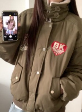 AMER冬季美式复古字母撞色宽松飞行服褶皱袖子棉服