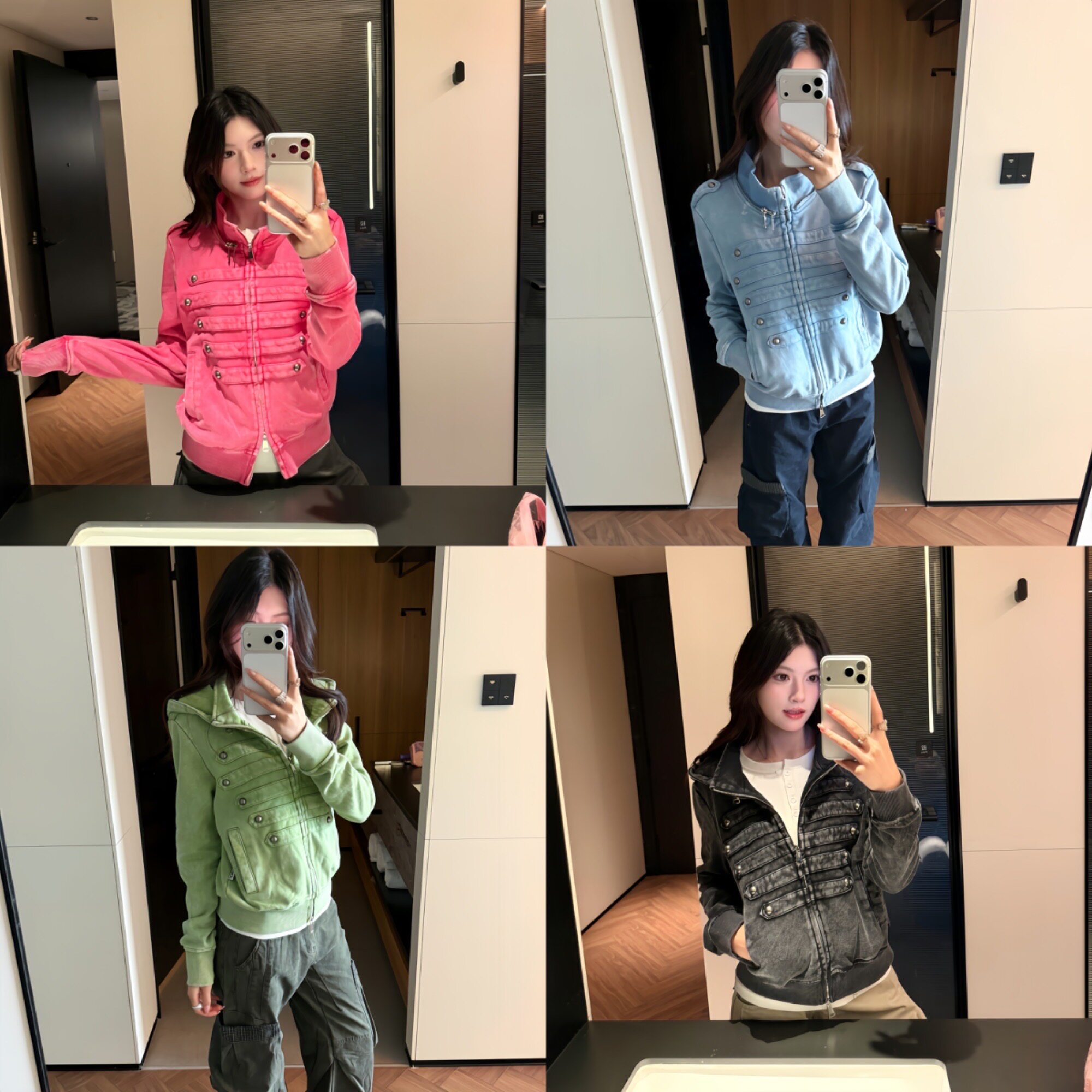 AMER 美式复古拿破仑水洗连帽宽松休闲开衫卫衣外套女