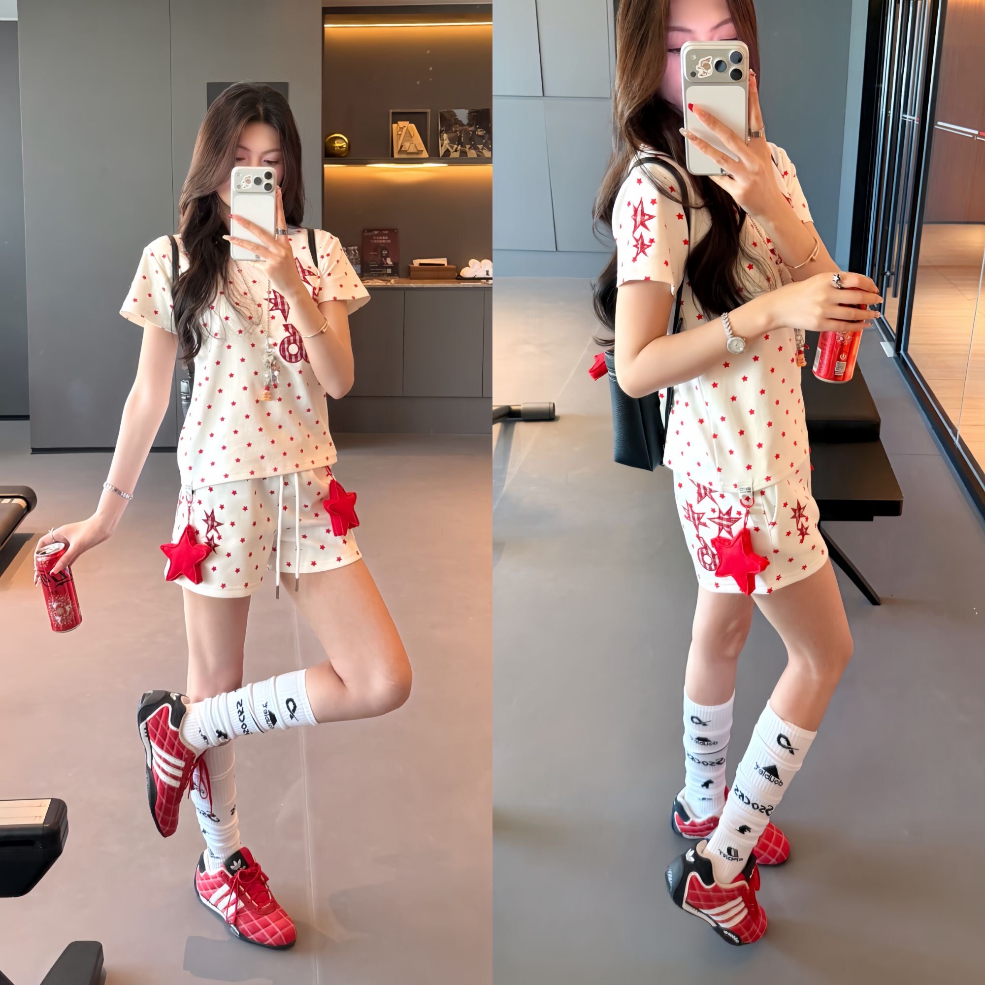 AMER 复古星星韩系修身微宽松运动休闲T恤短裤套装