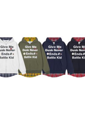 AMER 原创国潮美式街头假两件拼接格子连帽卫衣外套