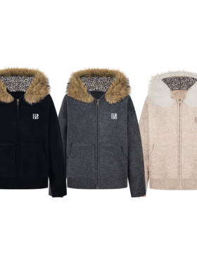 AMER 国潮美式复古毛领豹纹设计开衫外套女秋冬连帽针织款