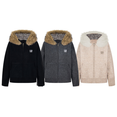 AMER 国潮美式复古毛领豹纹设计开衫外套女秋冬连帽针织款