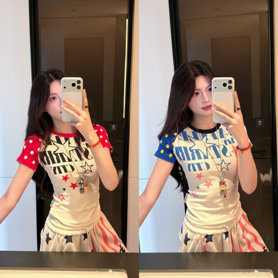 AMER美式复古星星印花休闲正肩百搭休闲夏季短袖