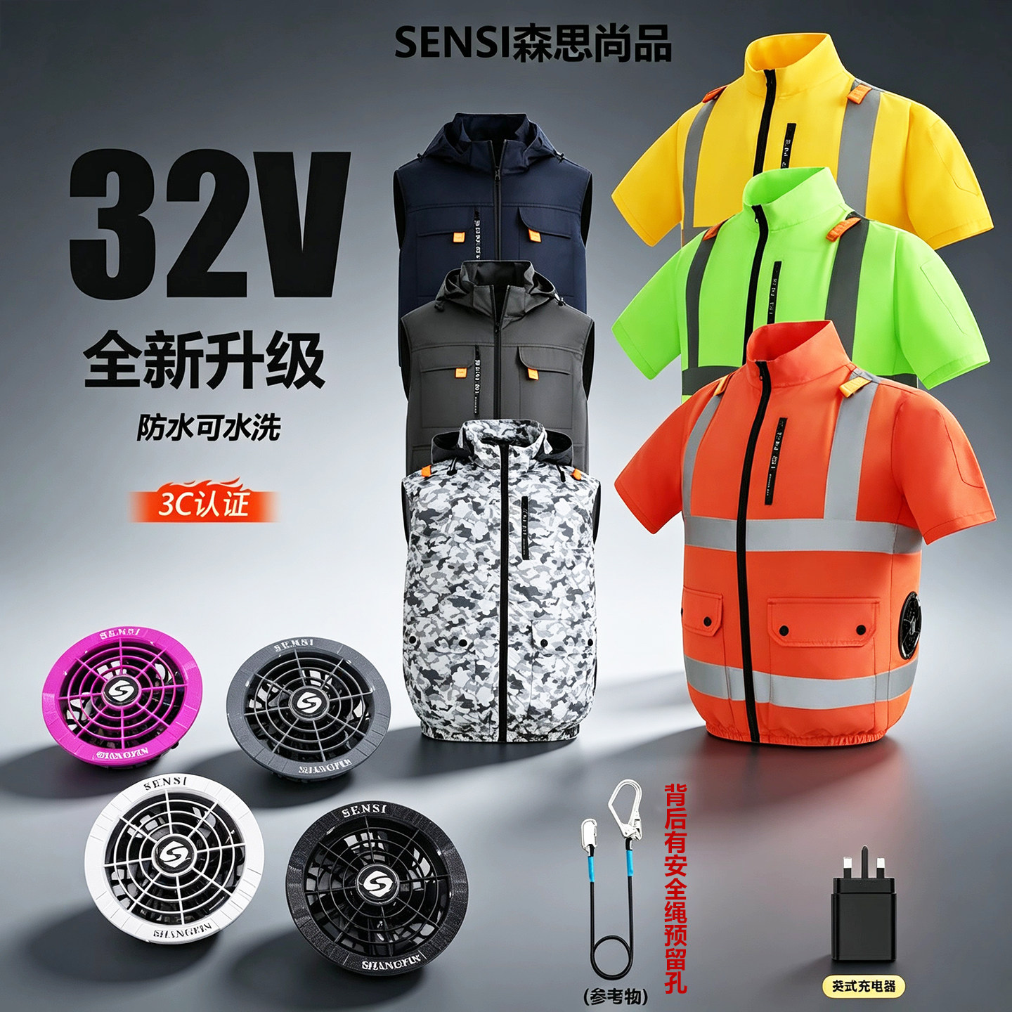 森思32V空调服男款马甲制冷风扇衫夏季户外降温工作服带反光条
