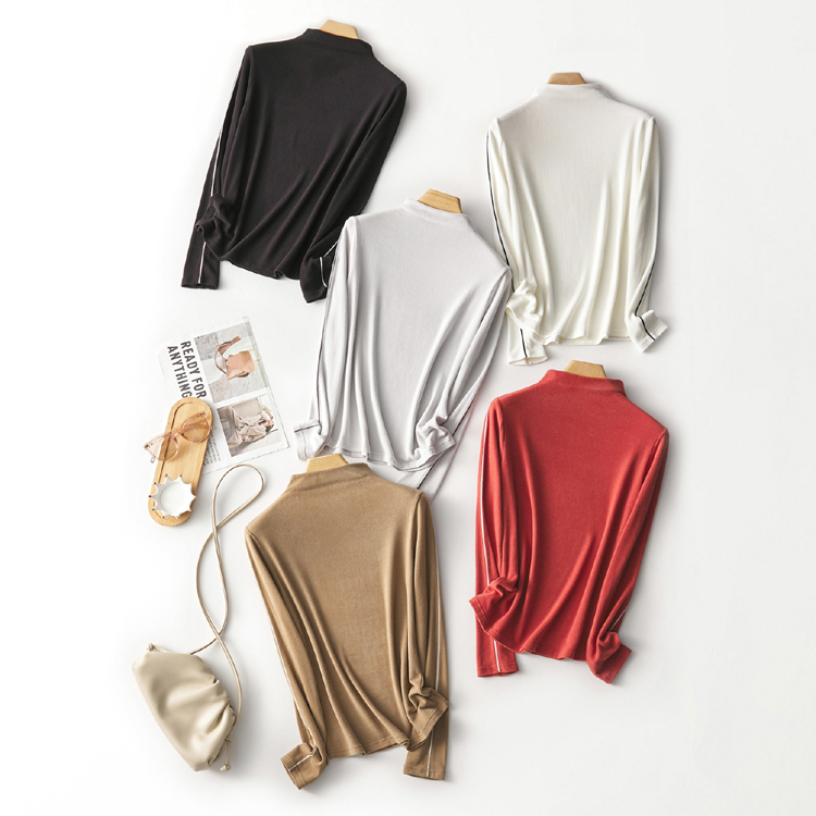 双面磨毛绒轮廓撞线半高领打底衫