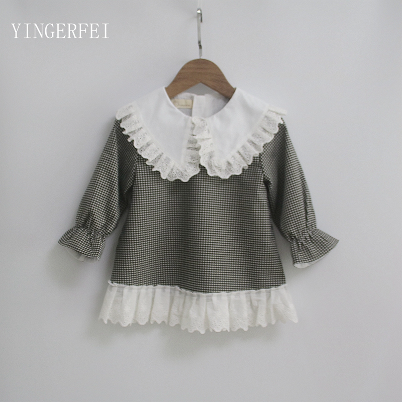 春秋季新款宝宝公主裙花边黑白千鸟格连衣裙女童大荷叶领婴儿童裙