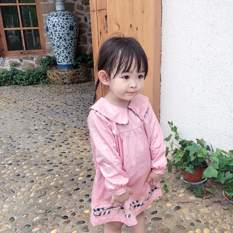 幼儿娃娃裙衫秋季童裙棉粉色并色格子女童长袖连衣裙宝宝公主裙