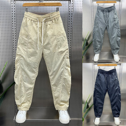夏季薄款潮流网眼拼接休闲裤男士宽松阔腿长裤青年痞帅工装弯刀裤