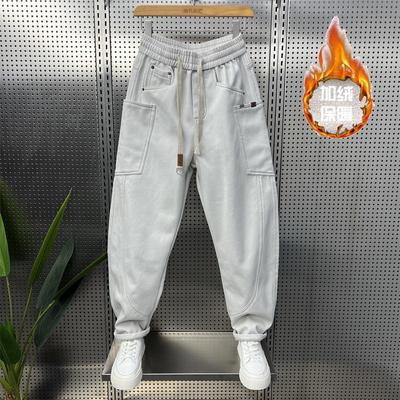 加绒加厚哈伦牛仔裤男士2025冬季多口袋设计高品质宽松直筒哈伦裤
