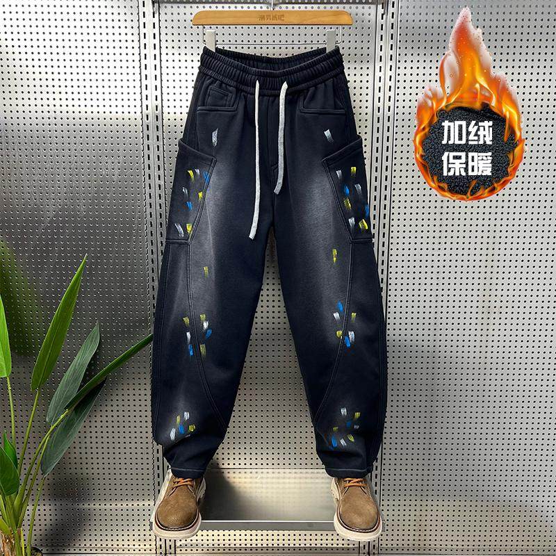 冬季加绒卫裤男潮流宽松直筒裤美式高街涂鸦弯刀休闲裤男计感长裤,男装,休闲裤,淘宝优惠券,粉丝福利购,淘宝优惠卷