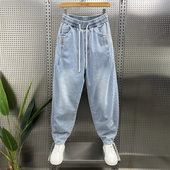 男2025夏季 水洗蓝色宽松哈伦萝卜裤 新款 休闲阔腿裤 高街美式 牛仔裤