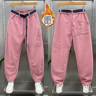 痞帅腰带运动裤 潮流加绒灯芯绒裤 宽松小脚哈伦休闲裤 新款 子男冬季