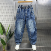 美式 阔腿裤 复古水洗蓝色牛仔裤 立体剪裁褶皱宽松直筒时尚 男士 春季