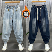 加绒加厚牛仔裤 弹力宽松哈伦裤 男秋冬新款 痞帅潮流水洗复古小脚裤