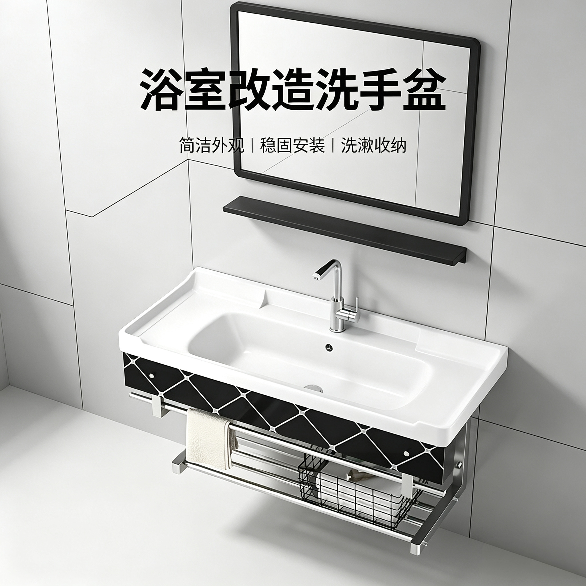 挂墙式洗脸盆陶瓷洗手盆一体台盆简约小户型阳台面池盘支架不锈钢