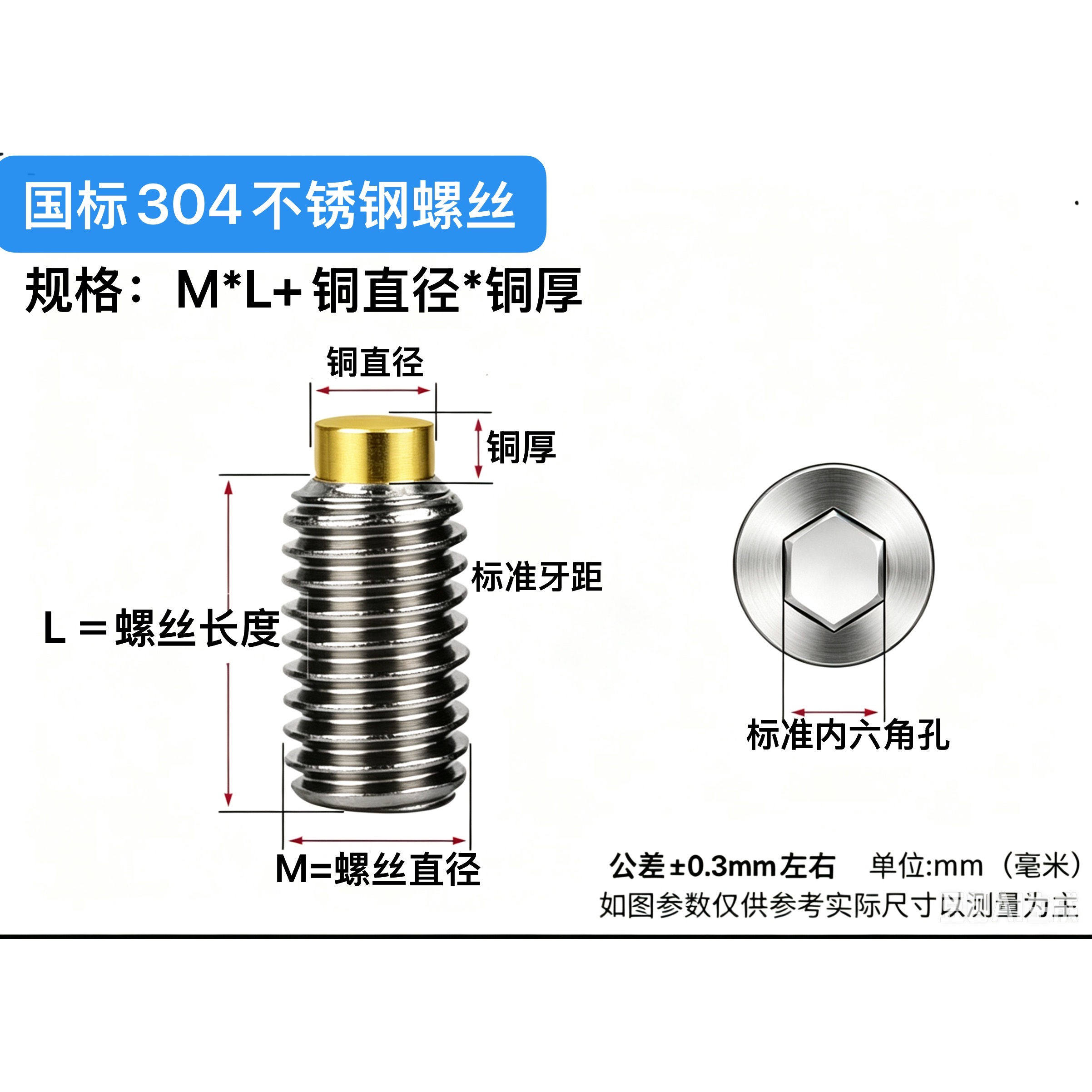 304不锈钢内六角螺钉黄铜头缓冲
