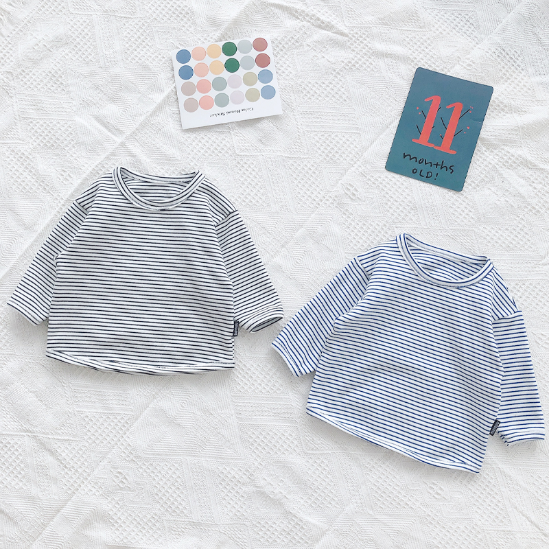 宝宝打底衫纯棉条纹男女小童婴儿长袖t恤秋款洋气上衣春秋装韩版
