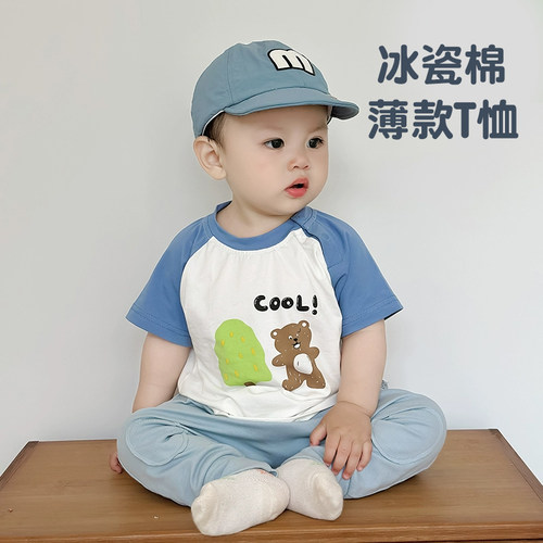 婴儿短袖T恤卡通韩版带肩扣上衣