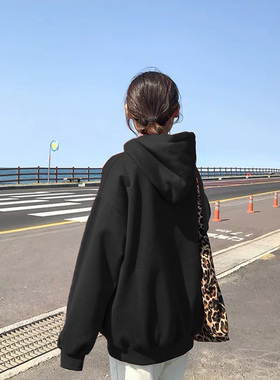 黑色加绒加厚卫衣女连帽ins潮2024秋冬新款宽松韩版套头长袖外套