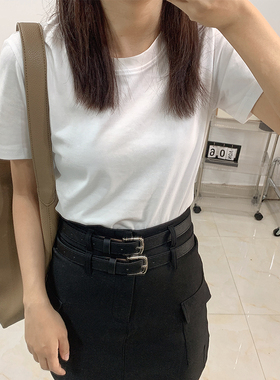 短袖t恤女2023新款纯棉纯色正肩打底衫圆领显瘦半袖ins白色上衣女