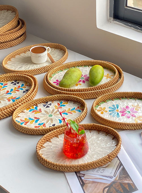 北欧手工藤条贝壳托盘桌面收纳