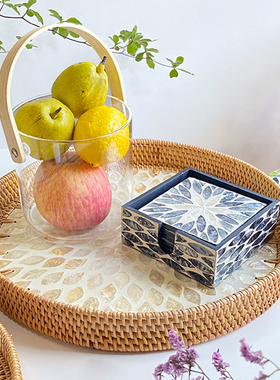 高颜值藤条贝壳圆形装饰收纳托盘