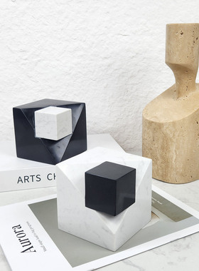 轻奢风洞石大理石几何立方体装饰