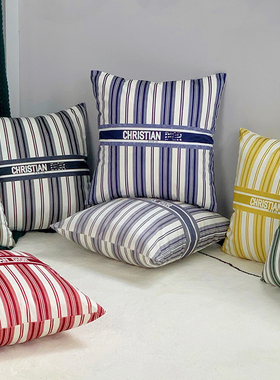 新款条纹轻奢抱枕沙发卧室靠垫客厅床头毛绒汽车靠枕含芯布艺枕套