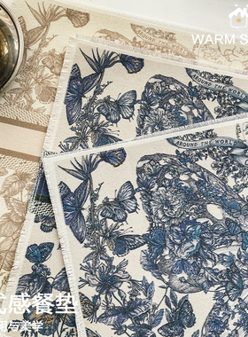 高颜值棉麻蝴蝶复古餐垫餐桌垫防水隔热装饰垫餐盘垫防污杯垫桌布