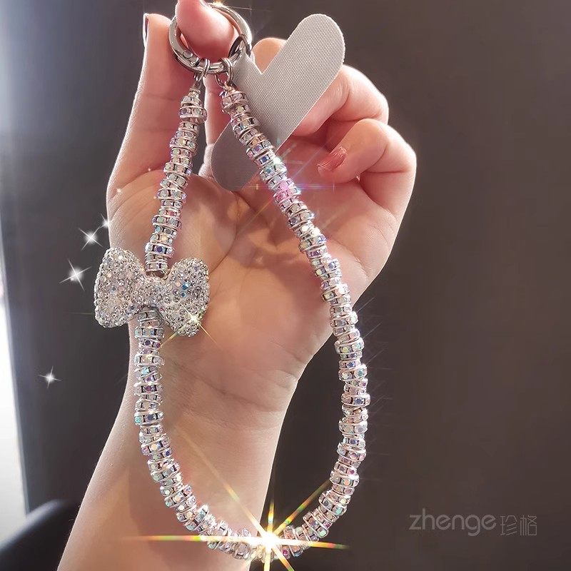 手机挂绳高端奢华水晶钻石手链满钻蝴蝶结挂件女款装饰链子吊绳短