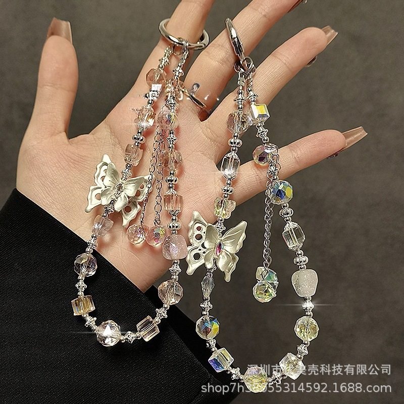 奢华高级感水晶手机链挂饰重工蝴蝶流苏手机挂绳手机壳挂件手提链