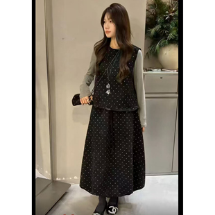 韩系波点马夹背心花苞长裙三件套女秋冬新打底连衣裙小个子套装裙