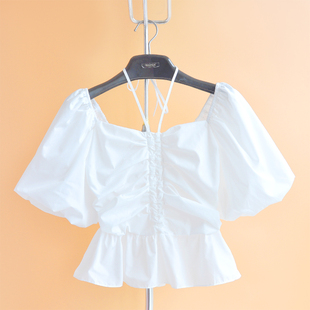 新款 时尚 娃娃衫 韩版 一字肩挂脖短外套白色上衣潮 2024夏装 女士衬衫
