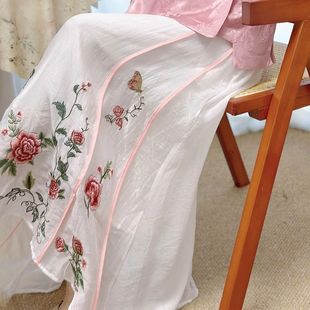 春夏新款 风重工绣花半身裙女白色高腰百搭中长裙棉麻刺绣裙子 中式