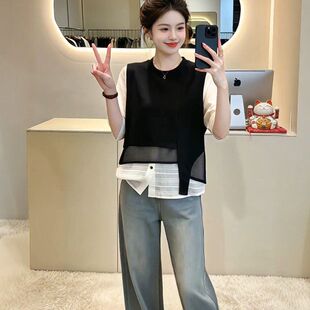 假两件薄款雪纺正肩短袖衬衫女2026夏季新款大码胖mm宽松减龄上衣
