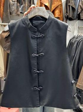 复古新中式马夹女盘扣黑色绵羊皮无袖坎肩外套休闲减龄马甲百搭潮