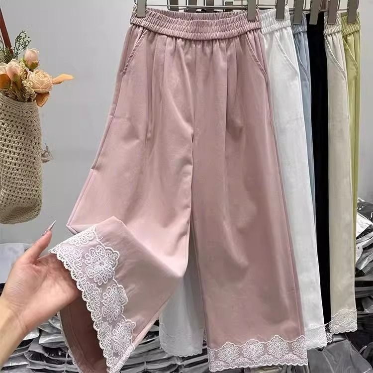 蕾丝花边撞色休闲阔腿裤女春夏新款洗水棉裤子显瘦高腰直筒九分裤