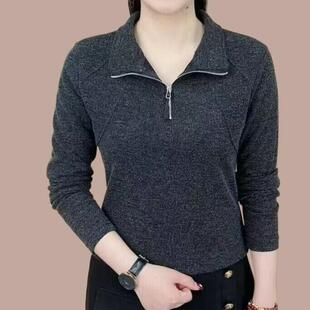 上衣妈妈装 2025春季 拉链翻领精品弹力棉气质显瘦长袖 时尚 T恤 新款