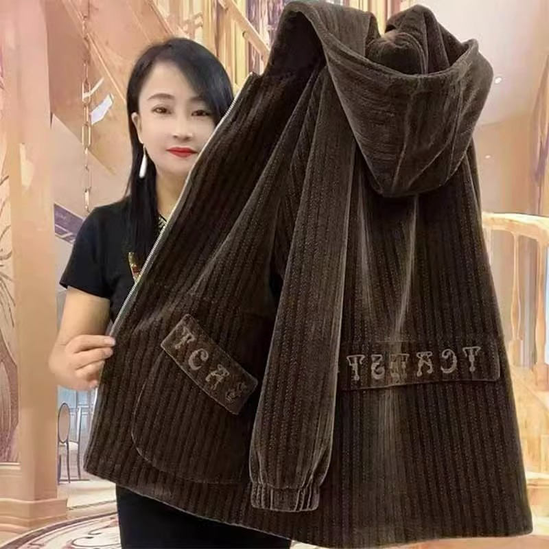 秋冬条绒加肥胖妈妈休闲经典外套