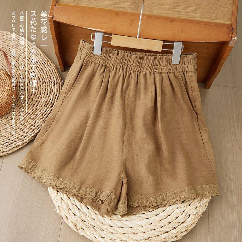 复古蕾丝花边棉麻短裤女夏季松紧腰宽松休闲五分阔腿裤通勤热裤潮,女装/女士精品,短裤,淘宝优惠券,粉丝福利购,淘宝优惠卷