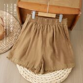 复古蕾丝花边棉麻短裤 潮 通勤热裤 女夏季 松紧腰宽松休闲五分阔腿裤
