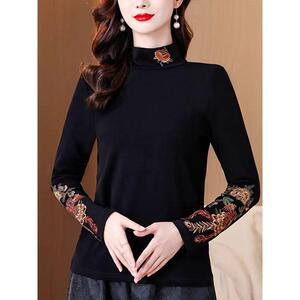 新中式国风半高领打底衫妈妈装W复古休闲重工刺绣民族风长袖衬衫